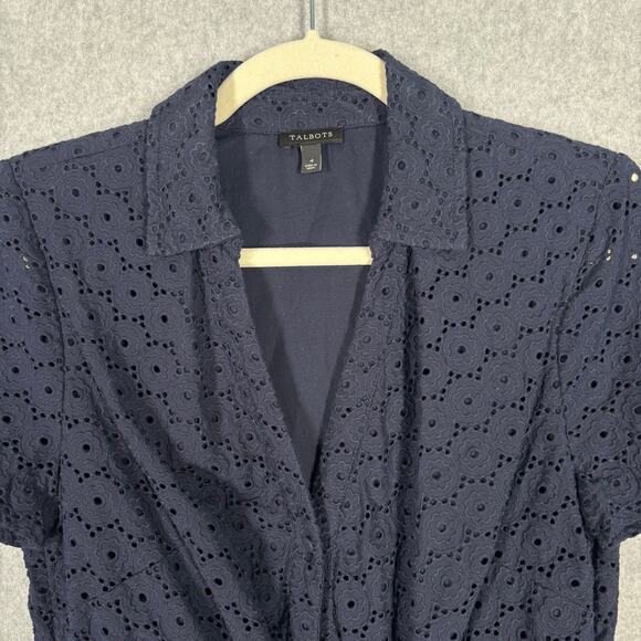 Talbots Dress 4 Navy Knee Eyelet Tie Front Shirt Cotton Sailor Mod Career Church - Picture 6 of 12